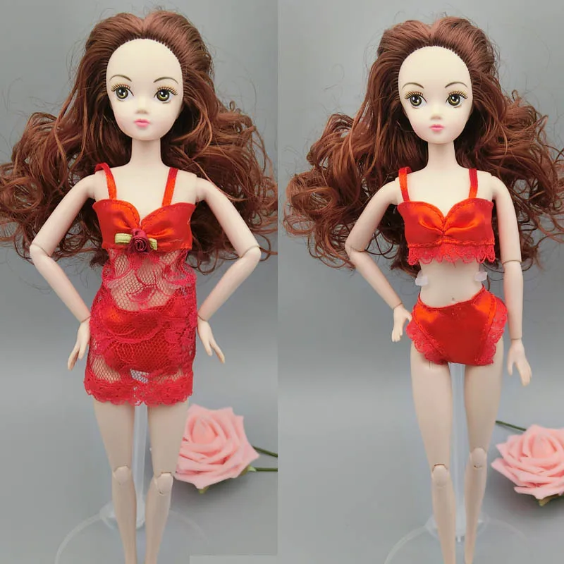 3 шт./компл. Красный модный наряд для куклы Барби, пижама, нижнее белье, кружевное ночное платье + Бюстгальтер + Нижнее белье, одежда для кукольного домика