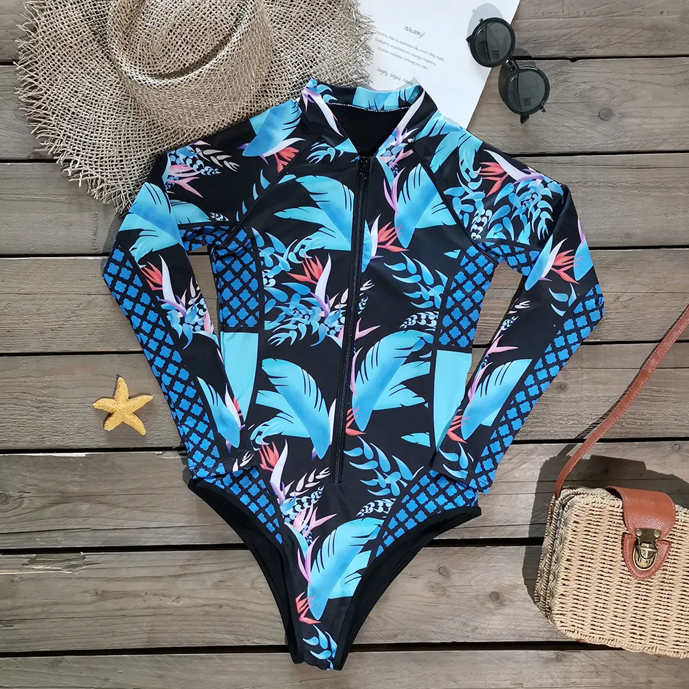 Консервативный женский костюм для серфинга 2024, цельный купальник, бикини с защитой от солнца на молнии с длинными рукавами, водолазный костюм для пляжного отдыха