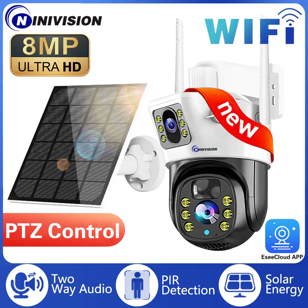4K 8MP WiFi двухобъективная PTZ-камера на солнечной батарее с двумя экранами PIR, отслеживающая человека, наружная WIFI-камера видеонаблюдения, IP-камера видеонаблюдения