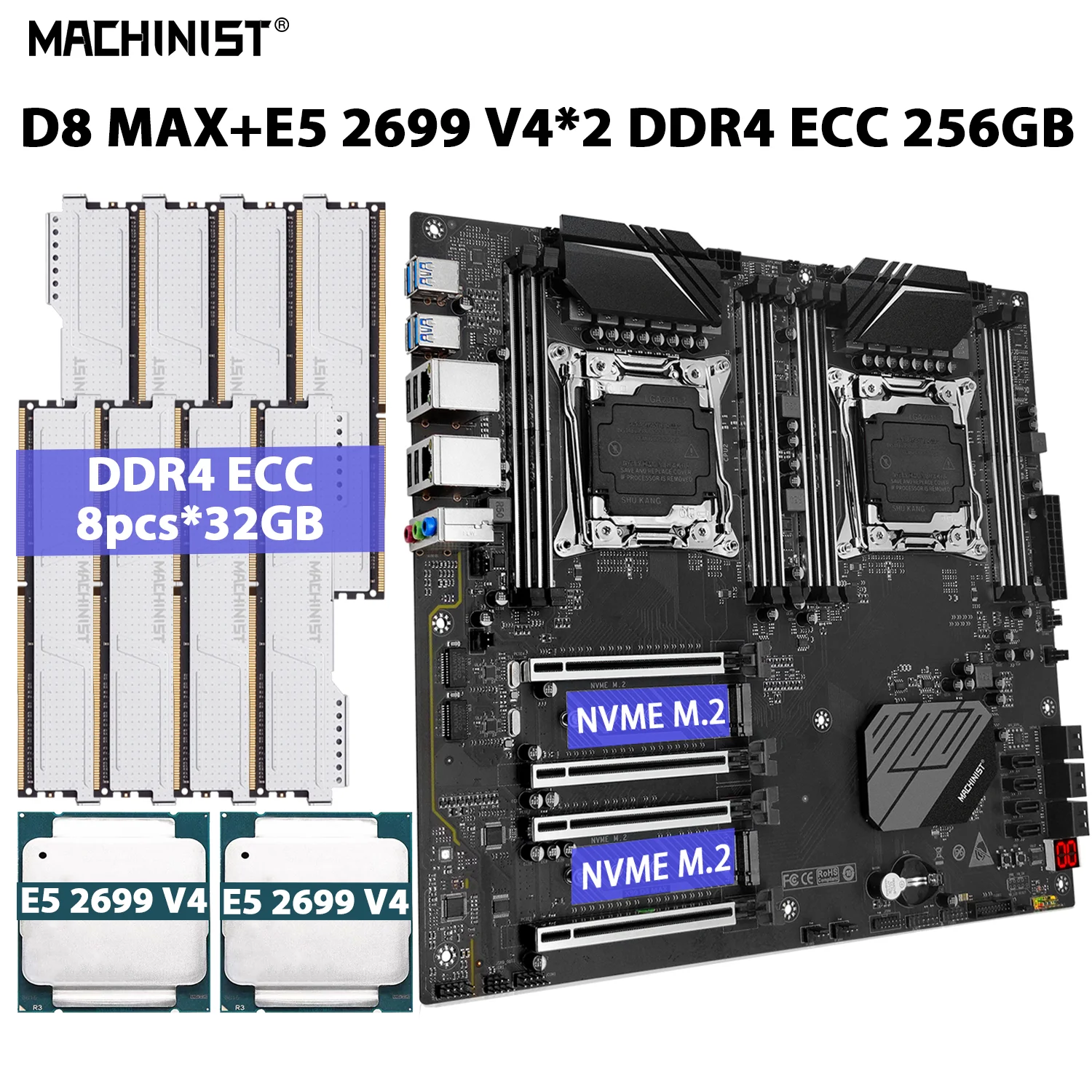 MACHINIST X99 D8 MAX Комплект материнской платы LGA 2011-3 комплект процессора Xeon E5 2699 V4 CPU * 2 256 ГБ = 8шт * 32 ГБ ECC памяти DDR4 RAM NVME M.2