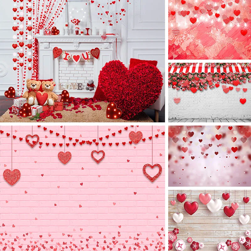 Розовая кирпичная стена, Фон на День Святого Валентина, Красная Роза, Цветок Любви, сердце, фон из воздушных шаров, украшение для вечеринки, Реквизит для фотобудки.
