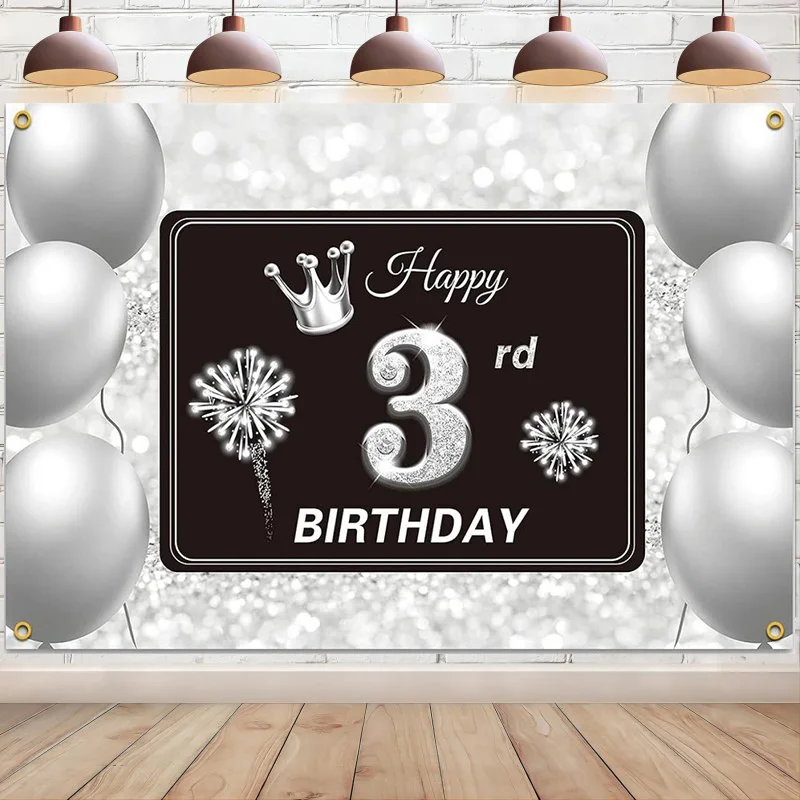 Фон с 3-м днем рождения, баннер, серебряный фон для фотосъемки, трехлетние украшения для вечеринок, принадлежности для мальчиков и девочек