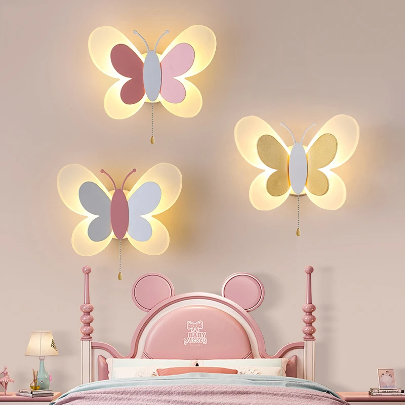 Бабочка девочка комната лампа творческий мультфильм дети энергосберегающий мальчик лампа прикроватная лампа спальня настенный светильник потолок проход лампа