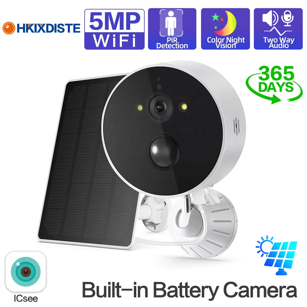 WIFI Камера 5MP HD Встроенный Аккумулятор Солнечная Наружная Беспроводная Камера Безопасности PIR Сигнализация Человека CCTV Видеонаблюдение iCSee APP