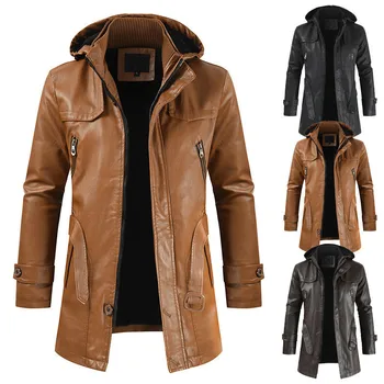 2022 Зимняя Мужская кожаная Мотоциклетная кожаная Корейская модная куртка, пальто, Ветрозащитная одежда, Мужская одежда с капюшоном средней длины  10