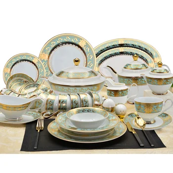 98 шт тисненая золотая керамика с золотым фарфором посуда на 12 персон роскошные обеденные сервизы из костяного фарфора столовая посуда  5