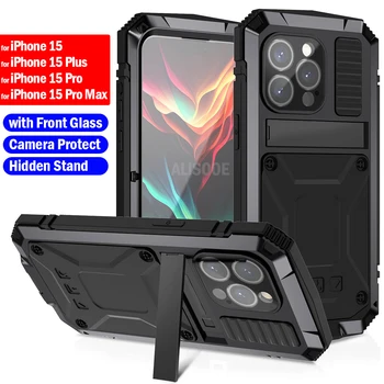 Алюминиевая металлическая крышка для iPhone 15 Pro Max 15 Plus, защитная подставка для брони, передняя стеклянная крышка для iPhone 15  5