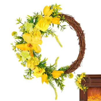 Весенний венок из искусственных розочек, ярко-желтая роза И венок из ротанга, весенний декор входной двери для входа в фермерский дом  5