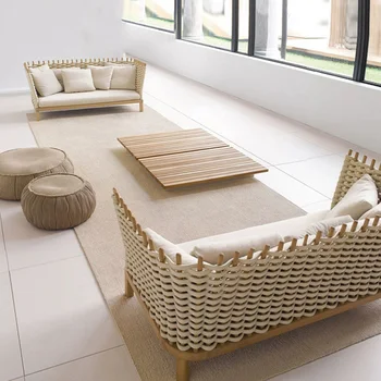 Высококачественная скандинавская имитация плетеной веревки из ротанга диван для отдыха балкон сад вилла внутренний двор открытый диван кресло комбинированная мебель  10