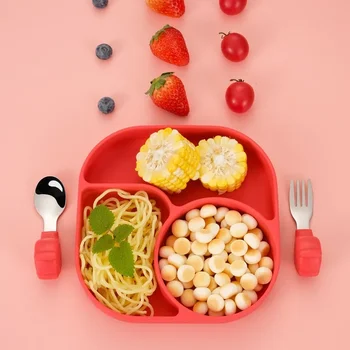 Детская силиконовая тарелка со встроенной миской для прикорма, разделенной сеткой, Всасывающая миска для обучения приему пищи, Детская посуда  10