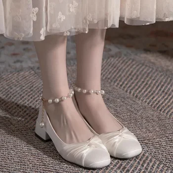 Женская летняя элегантность на каблуках с бисером 2023, дизайнерское Легкое Роскошное платье в стиле Лолиты, женские туфли-лодочки Zapatos, однотонные, украшенные бантом.  10