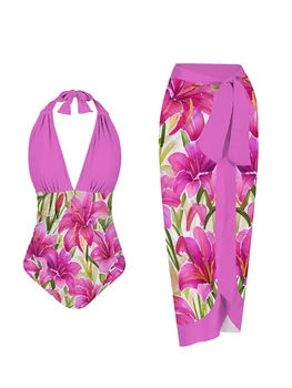 Женский купальник с глубоким V-образным вырезом с розовым принтом, цельный сексуальный купальник с высокой талией и ремешком на шее, женская пляжная юбка для отдыха в Бразилии 2023 года.  5