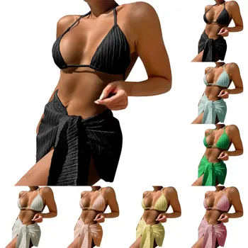 Женское летнее сексуальное бикини В купальнике-тройке с юбкой на ремешках для пляжной одежды, женские купальники среднего размера  5
