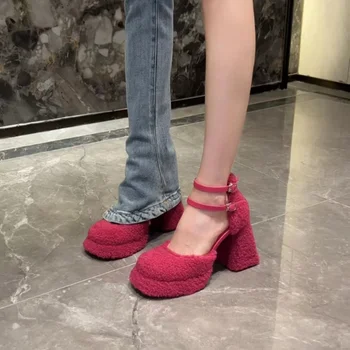 Модная женская обувь на высоком каблуке с ремешком и пряжкой, высококачественные осенние однотонные вечерние туфли-лодочки на квадратном каблуке с круглым носком 2024 г.  10
