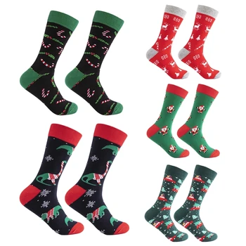 Мужские Хлопчатобумажные носки для рождественских праздников, Красочные Забавные фестивальные чулки-трубки с рисунком Санта-Клауса, динозавра и Северного оленя  10