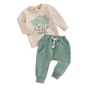 Одежда Для новорожденных мальчиков на День Святого Патрика из 2 предметов, толстовка с длинными рукавами и буквенным принтом и зеленые эластичные штаны для малышей на осень  10