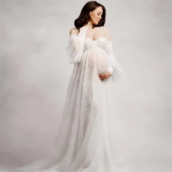 Платья для фотосъемки беременных с жемчугом и тюлем, белое сексуальное платье для фотосессии беременных, платье для фотосессии беременных, одежда для детского душа  10