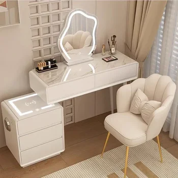 Роскошные белые туалетные столики Минималистичный стул Зеркало со светодиодной подсветкой Стол для макияжа в скандинавском стиле, тумбочки для спальни Tocador Mueble  4