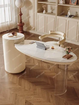 Стол с каменной плитой, современный светлый кабинет в роскошном кремовом стиле, акриловый подвесной изогнутый стол  10