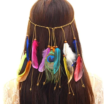 Тюрбан из перьев, женская повязка для волос, повязка из перьев в стиле бохо для женщин, Фестивальные Аксессуары для волос, Павлин, Хиппи  3