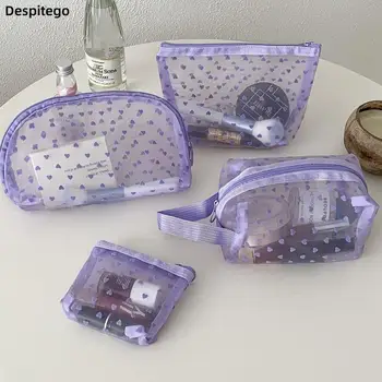 Фиолетовая сетчатая косметичка Heart Wave Point Make Up Bag Дорожная сумка для хранения Простая переносная сумка для стирки  10