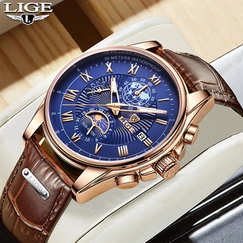 Часы Мужские 2023 LIGE Лидирующий бренд, роскошные повседневные кожаные кварцевые мужские часы, деловые часы, мужские спортивные Водонепроницаемые часы с датой, хронограф  10