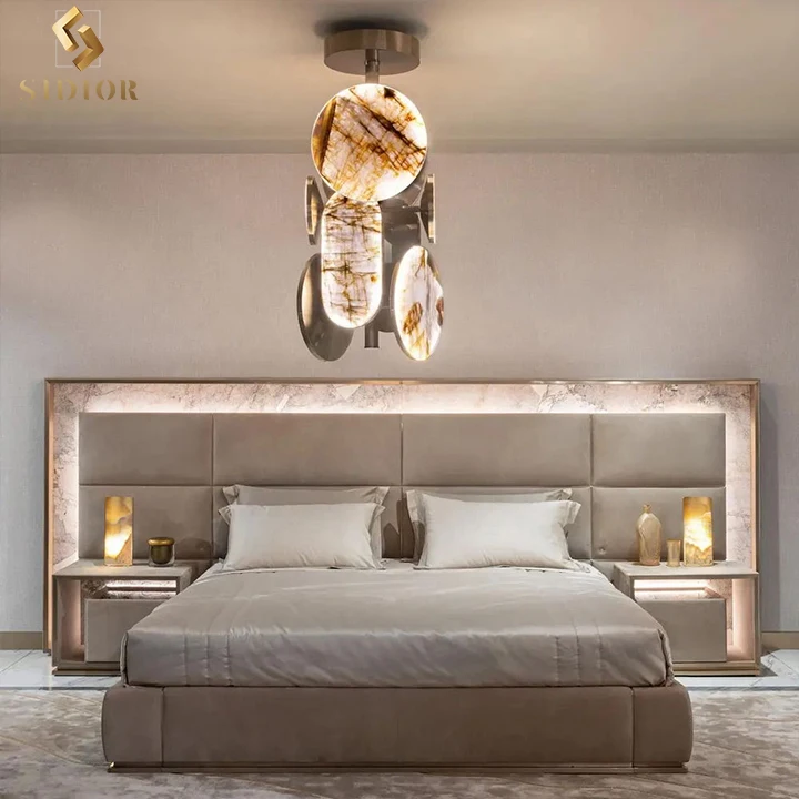 2023 Оптовый Итальянский Комплект Роскошной мебели для спальни с необычной светодиодной подсветкой, Полноразмерный Каркас кровати, Мраморные Современные кровати со светодиодной подсветкой