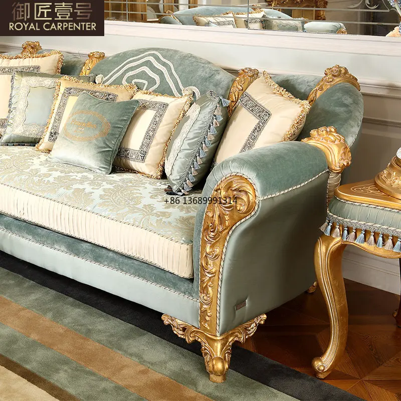 Европейский диван из массива дерева, комбинированная мебель для гостиной на вилле, французская резьба по дереву, роскошный тканевый трехместный диван