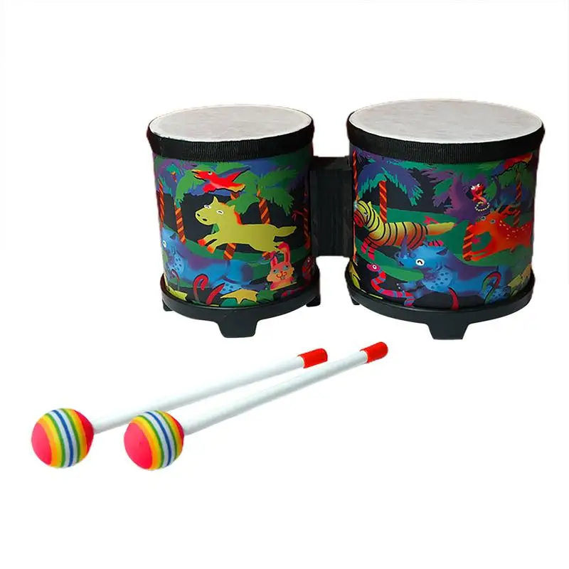 Барабан Бонго Детский ударный инструмент Музыкальная игрушка Деревянный барабан с 2 разноцветными барабанными палочками Ручной работы Барабан для детей и взрослых