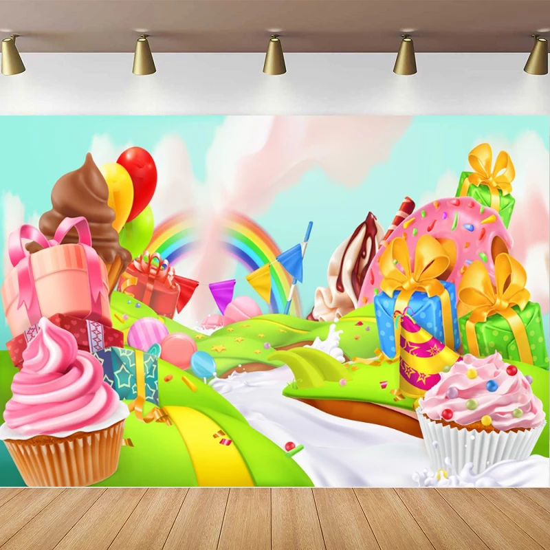Фон для фотосъемки на день рождения с пончиками и конфетами, баннер, украшение баннера сладким мороженым, пейзаж, фоновый плакат для душа ребенка