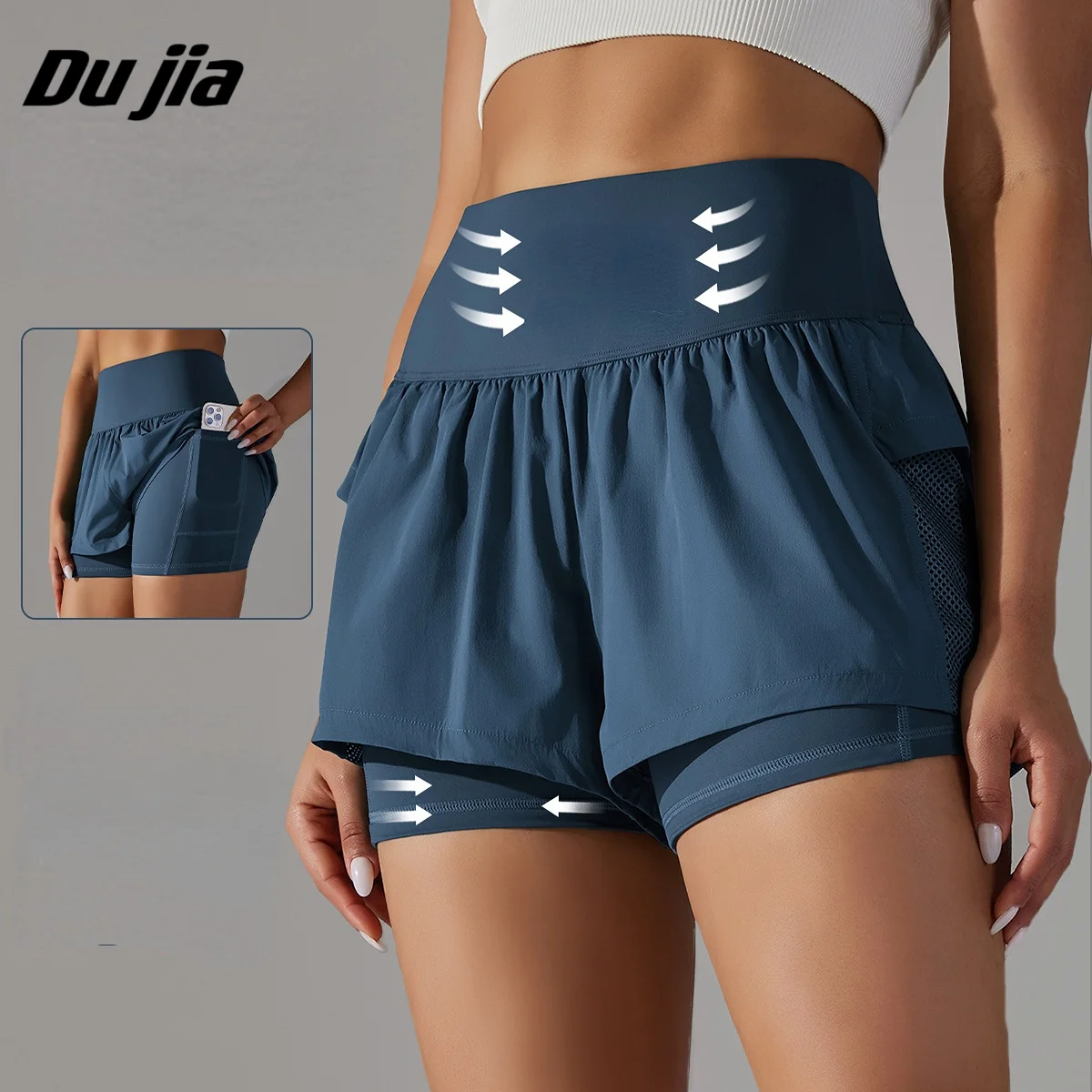 Женские двухслойные волейбольные шорты с высокой талией для занятий спортом и активного фитнеса 2 в 1 для бега