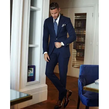2023 Новое поступление Свадебных мужских костюмов темно-синего цвета с лацканами, деловой повседневный Официальный костюм Homme Slim Fit, комплект из 2 предметов, куртка и брюки  10