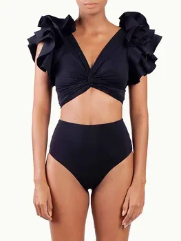2023, однотонный комплект бикини с V-образным вырезом и рюшами, женские модные купальники из двух частей, Роскошные купальники с высокой талией, купальный костюм, пляжная одежда  4