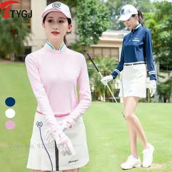 TTYGJ Весенняя одежда для гольфа, женская дышащая рубашка для гольфа, блузка с длинными рукавами, джерси с воротником-стойкой на пуговицах, топы в стиле колледжа  5