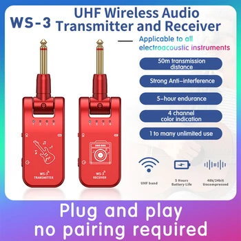 UHF 4-канальная беспроводная гитарная система Передатчик Приемник Подключи и играй Поворот на 282 градуса 800 МГц-900 МГц Аудиоинтерфейс 6,35 мм  5