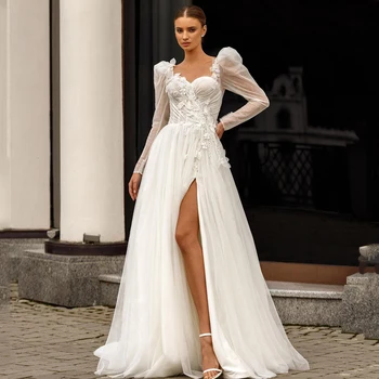 UZN 2023 Белые Свадебные платья Трапециевидной формы с аппликацией в виде сердечка, свадебные платья с разрезом сбоку, свадебные платья принцессы в стиле Бохо, Пляж, индивидуальный размер  10