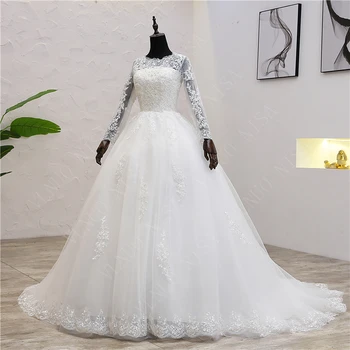 Белое свадебное платье с кружевной вышивкой с длинным рукавом, свадебное платье цвета слоновой кости, свадебные бальные платья на молнии и пуговицах, со шлейфом, vestido de noiva  10
