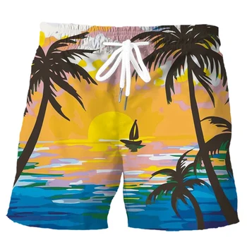 Гонконгские пляжные шорты Polynesian Island Sunrise Sunset, шорты с принтом, брюки, модная мужская одежда Ropa Hombre  10