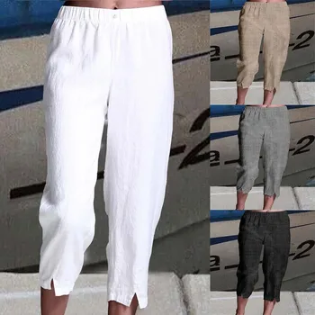Женские брюки-капри, повседневные летние льняные брюки с эластичной завязкой и высокой талией, прямые укороченные брюки  5