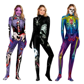Женский костюм на Хэллоуин, комбинезон, череп, зомби, Смерть, скелет, карнавальная вечеринка, День мертвых, Страшные костюмы C69C68  10