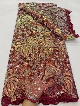 Кружевная ткань с блестками в африканском стиле 5 ярдов 2023, Высококачественная Французская Нигерийская вышивка, кружевные ткани из бисера для пошива свадебных платьев  5