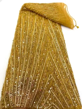 Кружевная ткань с золотым бисером Роскошная свадебная французская сетка из тюля с вышивкой для свадьбы Африканский кружевной материал Ткань 5 ярдов  5