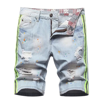 Летние мужские рваные короткие джинсы 2023 Vaqueros Hombre, бермуды, хлопковые флуоресцентные шорты в боковую полоску, Дышащие тонкие джинсовые шорты  5