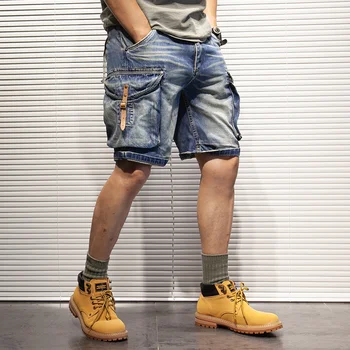 Мужские джинсовые шорты в стиле ретро, свободные боковые карманы, кожаная пряжка, летние джинсы-карго, мужские джинсы  10