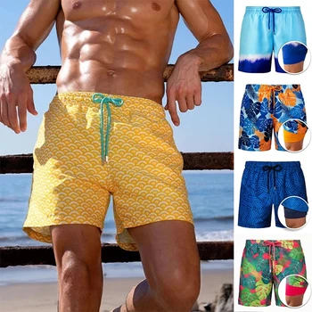 Мужские пляжные брюки, спортивные брюки, двухслойные шорты с принтом, мужские повседневные быстросохнущие шорты с цветочным рисунком, мужские бермуды Masculina  1