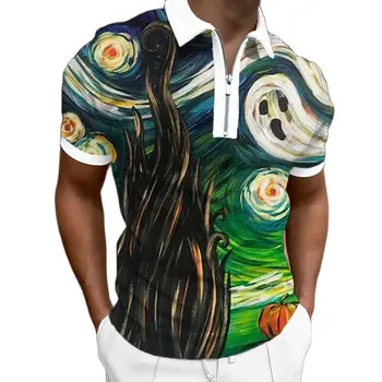 Новая стильная летняя мужская рубашка поло с 3D-принтом В большом количестве, с короткими рукавами, отложным воротником на молнии, повседневная уличная одежда  10