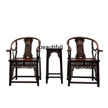 Новое антикварное потертое кресло с круглой спинкой в китайском стиле, повседневный диван со спинкой из массива дерева, набор из 3 предметов  5