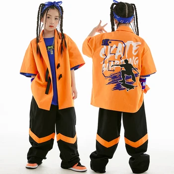 Новый детский костюм в стиле хип-хоп, Одежда для джазовых танцев для девочек, Свободные Оранжевые Пальто и Брюки, Костюм для уличных танцев Для мальчиков, Тренд BL10462  10