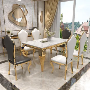 Обеденный стол из скандинавского мрамора прямоугольник современная роскошь простое сочетание обеденного стола и стула из нержавеющей стали с золотом  5