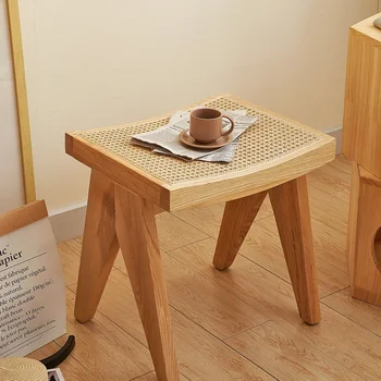 Оригинальный деревянный квадратный табурет, обеденный стул, табурет для переодевания обуви из массива дерева для взрослых, стул с плетеной спинкой из ротанга, стул для макияжа  5